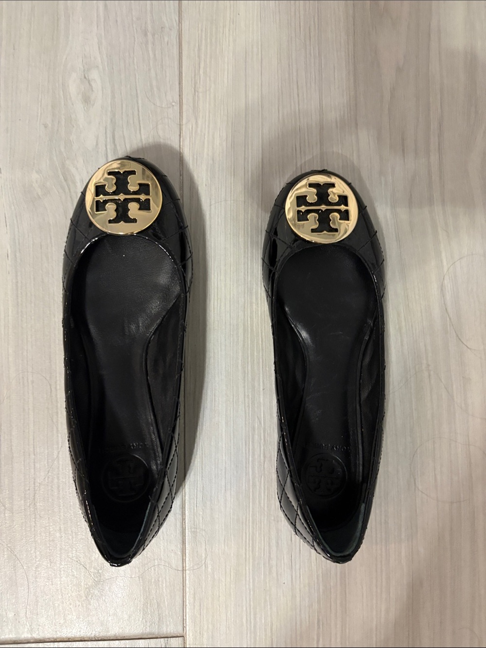 Tory Burch Black Quilted Leather Flats with Gold Emblem